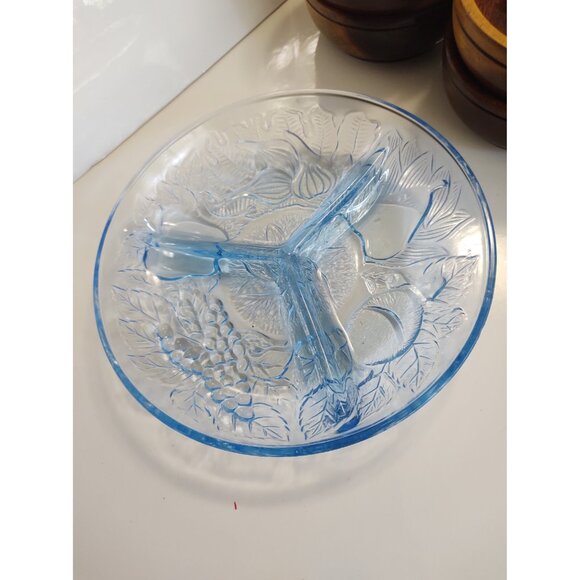 Vintage Blue Depression Style 3 section Plate Embossed Fruit French Blue 8" - Picture 2 of 11